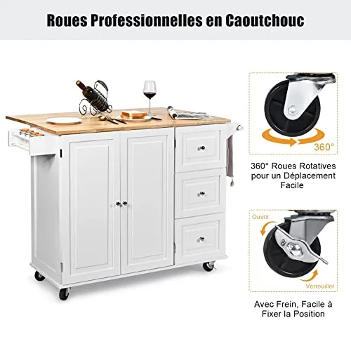 GOPLUS Desserte Îlot de Cuisine Desserte à roulettes en Bois Placard Étagère 3 Niveaux Réglables et 3 Tiroirs, Plateau Extensible Pliable, Support à Épices, Porte-Serviettes, 136 x 76 x 91 CM, Blanc