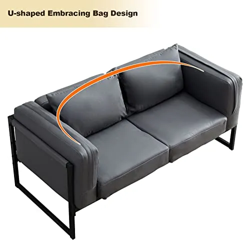CLIPOP Fauteuil 2 places de style industriel en similicuir gris avec cadre en métal et coussins, petit canapé rembourré pour salon, salle à manger, chambre à coucher, bureau
