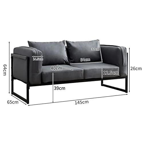 CLIPOP Fauteuil 2 places de style industriel en similicuir gris avec cadre en métal et coussins, petit canapé rembourré pour salon, salle à manger, chambre à coucher, bureau