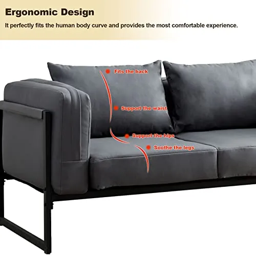 CLIPOP Fauteuil 2 places de style industriel en similicuir gris avec cadre en métal et coussins, petit canapé rembourré pour salon, salle à manger, chambre à coucher, bureau