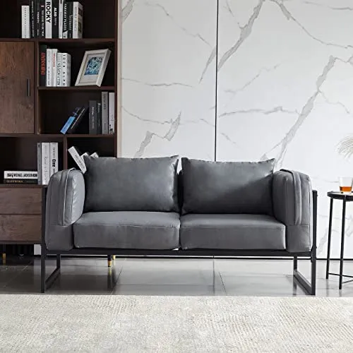 CLIPOP Fauteuil 2 places de style industriel en similicuir gris avec cadre en métal et coussins, petit canapé rembourré pour salon, salle à manger, chambre à coucher, bureau