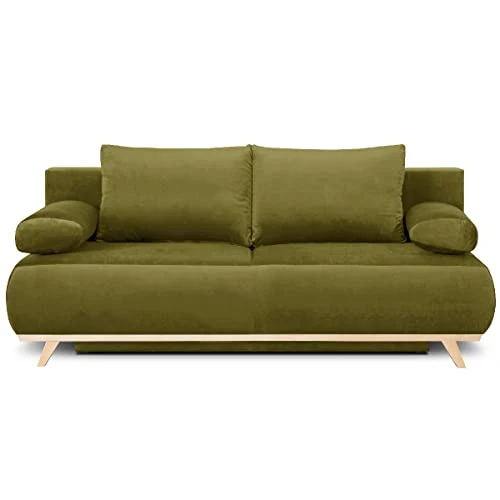 HOMIFAB Canapé Convertible 3 Places avec Coffre de Rangement en Velours Vert Olive - Laria