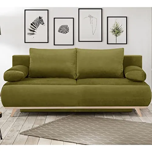 HOMIFAB Canapé Convertible 3 Places avec Coffre de Rangement en Velours Vert Olive - Laria
