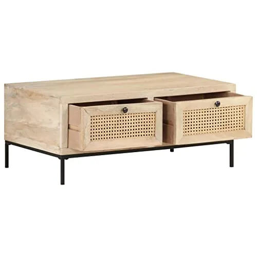 Keyur Table Basse, Table d'Appoint Table d'Appoint Table de Cocktail Table de Centre Table de Canapé Table à Thé Table Basse 90x50x37 cm Bois de Manguier Massif et Cannage Naturel