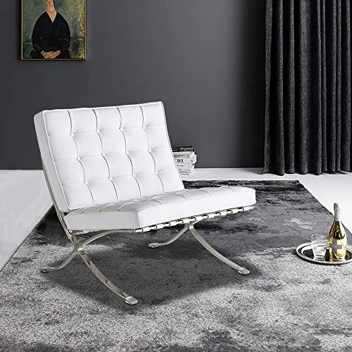Fauteuil de salon classique - Pliable - En cuir véritable - Avec cadre en acier inoxydable - Pour chambre à coucher, salon, salle de lecture (blanc, chaise simple)