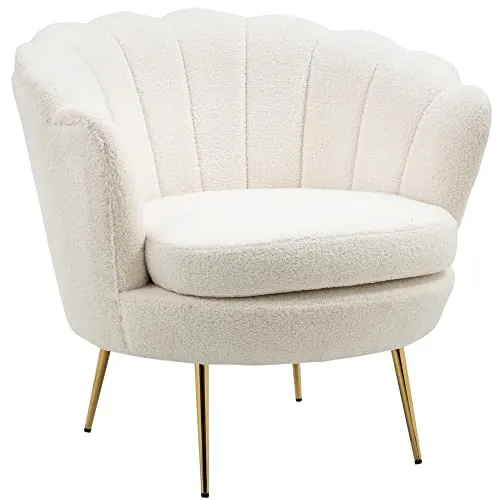 HOMCOM Fauteuil Coquillage Fauteuil Design dim. 79L x 77l x 77H cm Pieds dorés effilés Molleton Polaire Blanc