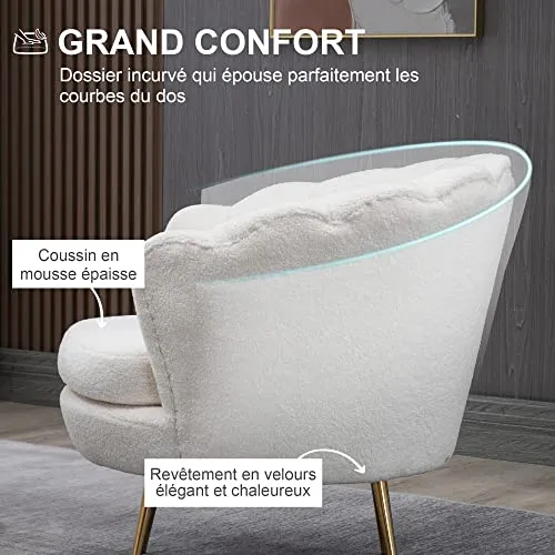 HOMCOM Fauteuil Coquillage Fauteuil Design dim. 79L x 77l x 77H cm Pieds dorés effilés Molleton Polaire Blanc