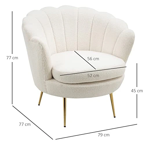 HOMCOM Fauteuil Coquillage Fauteuil Design dim. 79L x 77l x 77H cm Pieds dorés effilés Molleton Polaire Blanc