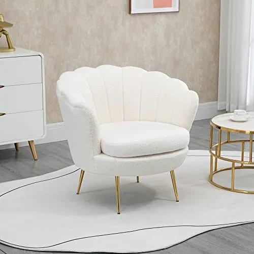 HOMCOM Fauteuil Coquillage Fauteuil Design dim. 79L x 77l x 77H cm Pieds dorés effilés Molleton Polaire Blanc
