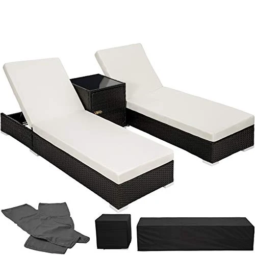 TecTake 2X Chaise Longue Bain de Soleil + Table en Aluminium et Résine Tressée + Deux Set de Housses + Housse de Protection - diverses Couleurs au Choix - (Noir | no. 401500)