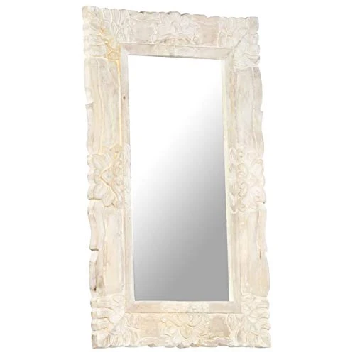 Tidyard Miroir Mural Design, Miroir Rectangulaire à Accrocher, Miroir Cadre en Bois Blanc 80x50 cm Bois de manguier Massif