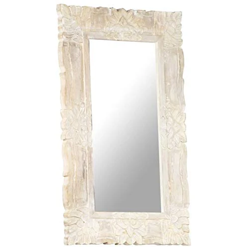 Tidyard Miroir Mural Design, Miroir Rectangulaire à Accrocher, Miroir Cadre en Bois Blanc 80x50 cm Bois de manguier Massif