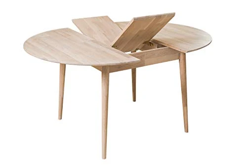 NORDICSTORY Escandi 4 Table de salle à manger nordique extensible ronde 120-155 cm, bois massif chêne, idéal pour cuisine salon, meubles design style nordique couleur chêne blanchi