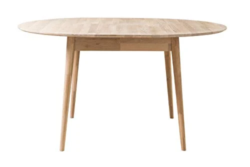 NORDICSTORY Escandi 4 Table de salle à manger nordique extensible ronde 120-155 cm, bois massif chêne, idéal pour cuisine salon, meubles design style nordique couleur chêne blanchi