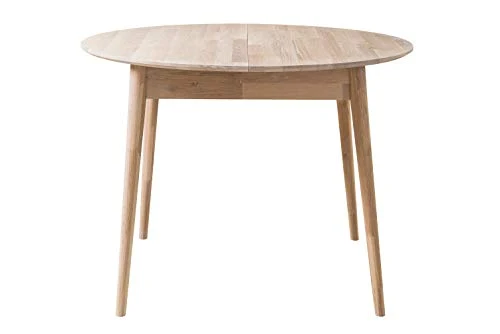 NORDICSTORY Escandi 4 Table de salle à manger nordique extensible ronde 120-155 cm, bois massif chêne, idéal pour cuisine salon, meubles design style nordique couleur chêne blanchi
