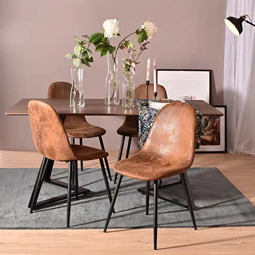MEUBLE COSY Lot de 4 chaises de salle à manger Scandinave Fauteuil Salon Cuisine Pied Métal Noir Rétro Vintage en suédine Marron