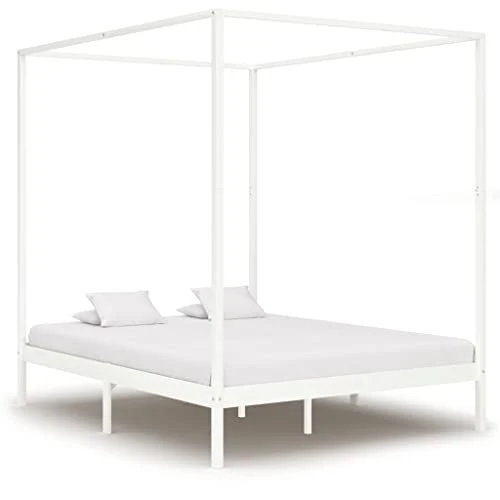 vidaXL Cadre de Lit à Baldaquin Lit Double Lit Adulte Lit Coffre Sommier à Lattes Chambre à Coucher Maison Blanc 160x200 cm Bois de Pin Massif