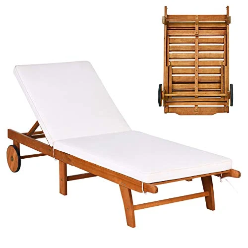 GOPLUS Chaise Longue en Bois Pliable avec Dossier Réglable sur 6 Positions et Coussin Amovible,Bain de Soleil d’Extérieur avec 2 Roues,Idéal pour Jardin,Terrasse,Piscine,195X68X30-90CM