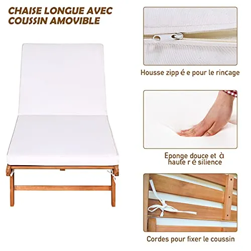 GOPLUS Chaise Longue en Bois Pliable avec Dossier Réglable sur 6 Positions et Coussin Amovible,Bain de Soleil d’Extérieur avec 2 Roues,Idéal pour Jardin,Terrasse,Piscine,195X68X30-90CM