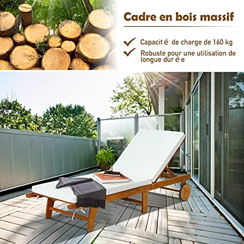 GOPLUS Chaise Longue en Bois Pliable avec Dossier Réglable sur 6 Positions et Coussin Amovible,Bain de Soleil d’Extérieur avec 2 Roues,Idéal pour Jardin,Terrasse,Piscine,195X68X30-90CM