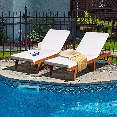 GOPLUS Chaise Longue en Bois Pliable avec Dossier Réglable sur 6 Positions et Coussin Amovible,Bain de Soleil d’Extérieur avec 2 Roues,Idéal pour Jardin,Terrasse,Piscine,195X68X30-90CM