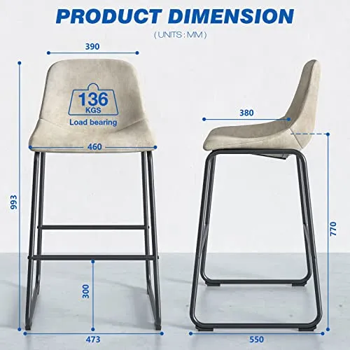 RFIVER Lot de 2 Tabouret de Bar, Chaise de Salle à Manger de Style Vintage Confortable avec Siège en Cuir PU et Base en Métal Robuste pour Cuisine Salon, Beige