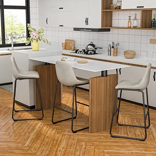 RFIVER Lot de 2 Tabouret de Bar, Chaise de Salle à Manger de Style Vintage Confortable avec Siège en Cuir PU et Base en Métal Robuste pour Cuisine Salon, Beige
