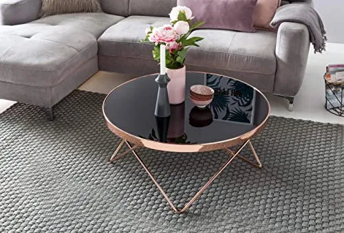 FineBuy Design Table Verre métal ø 82 cm Noir/Cuivre | Table du canapé Moderne | Table Basse en Verre Table | Table de Salon Rond