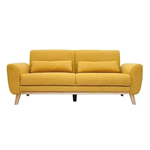 Miliboo Canapé scandinave 3 Places en Tissu Effet Velours Jaune Moutarde et Bois Clair EKTOR