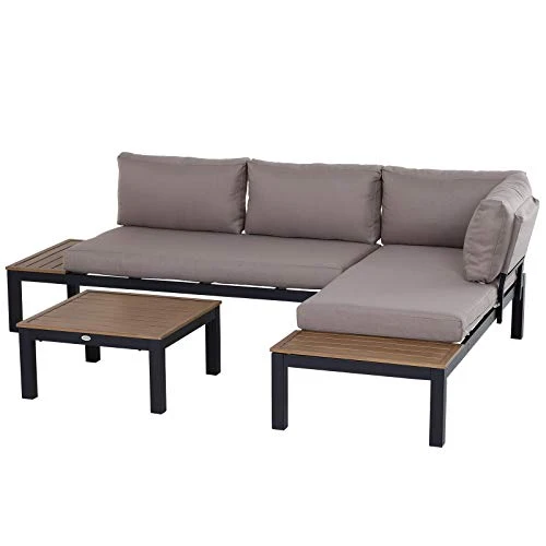 Outsunny Ensemble Salon de Jardin d'angle Design Contemporain 5 Places Coussins Marron Table Basse alu. Noir et Imitation Bois