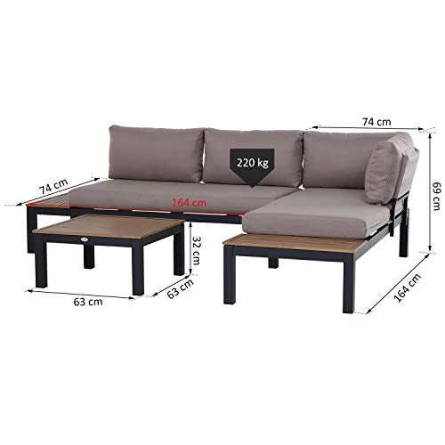 Outsunny Ensemble Salon de Jardin d'angle Design Contemporain 5 Places Coussins Marron Table Basse alu. Noir et Imitation Bois