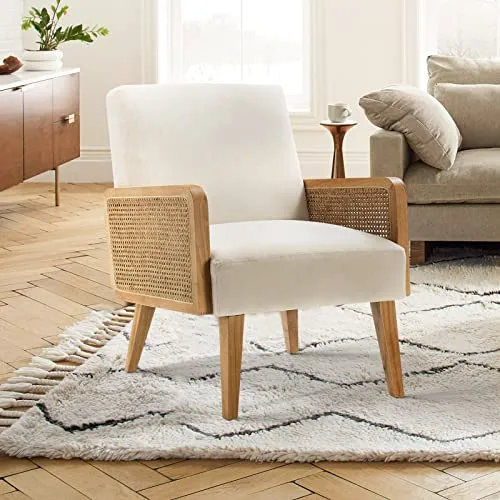 FABRICATION HAUS Fauteuil Salon en Velours Fauteuil de Coiffeuse Chaise Rembourrée avec Bras en Rotin & Pieds en Bois pour Salon, Beige