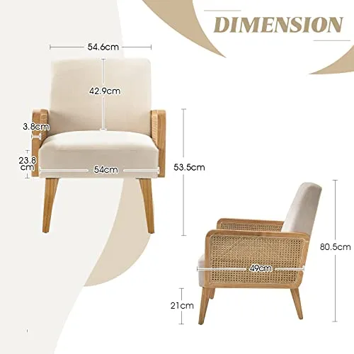 FABRICATION HAUS Fauteuil Salon en Velours Fauteuil de Coiffeuse Chaise Rembourrée avec Bras en Rotin & Pieds en Bois pour Salon, Beige