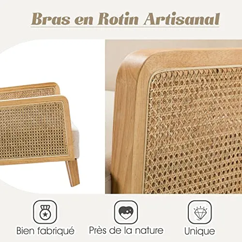 FABRICATION HAUS Fauteuil Salon en Velours Fauteuil de Coiffeuse Chaise Rembourrée avec Bras en Rotin & Pieds en Bois pour Salon, Beige