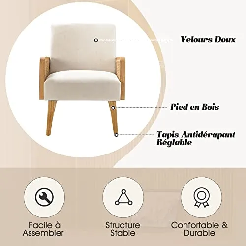 FABRICATION HAUS Fauteuil Salon en Velours Fauteuil de Coiffeuse Chaise Rembourrée avec Bras en Rotin & Pieds en Bois pour Salon, Beige