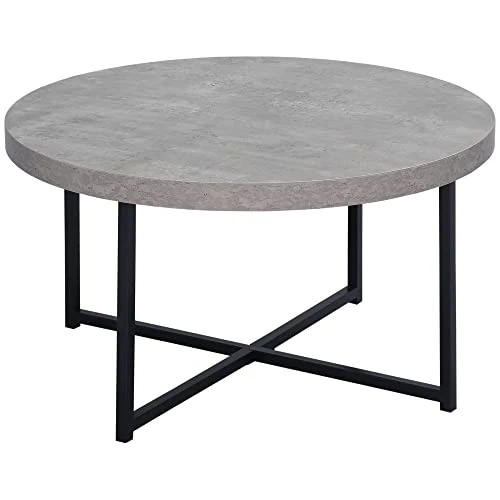 HOMCOM Table Basse Ronde Effet béton ciré en Bois et métal - Ø 80 x 45 cm - piètement croisé