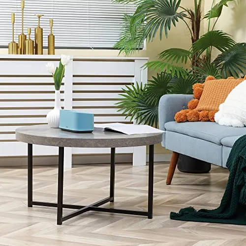 HOMCOM Table Basse Ronde Effet béton ciré en Bois et métal - Ø 80 x 45 cm - piètement croisé