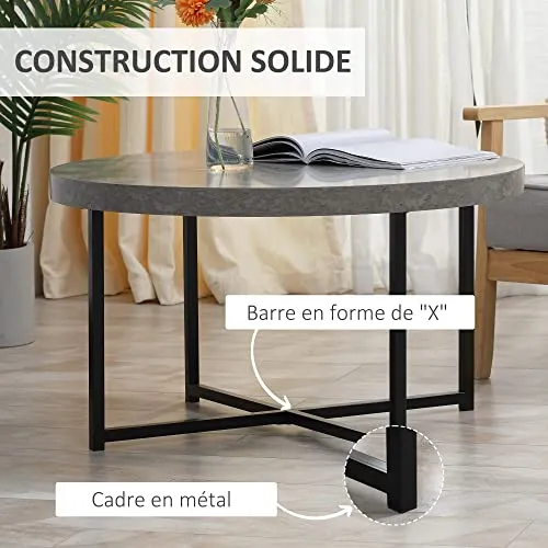 HOMCOM Table Basse Ronde Effet béton ciré en Bois et métal - Ø 80 x 45 cm - piètement croisé