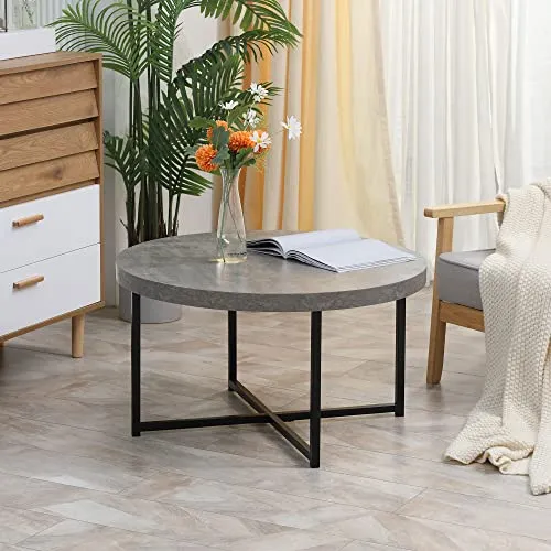 HOMCOM Table Basse Ronde Effet béton ciré en Bois et métal - Ø 80 x 45 cm - piètement croisé