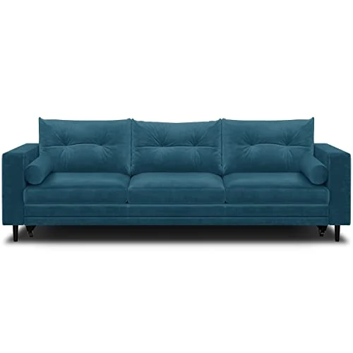HOMIFAB Canapé 3 Places Convertibles en Velours Bleu Canard - Collection Viktor