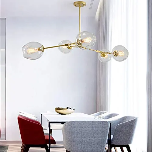 CCSUN Nordique Moderne Boule En Verre Bulle Lustres, 5-lumières Spoutnik Ramification Lampe Suspension Réglable Globe Faire Pivoter Antique Verre Soufflé Abat-jour En Verre E27-d'or 5 Lumières