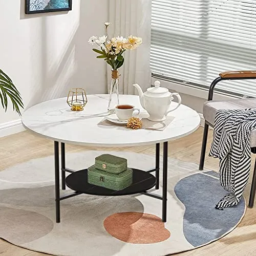 FATIVO Table Basse Ronde Marbre Salon: Table Café Industrielle Design Table Basse Blanche Moderne Scantinave en Pierre Frittée Grand Plateau pour Salon Bureau Café - φ80x48cm Noir