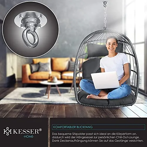 KESSER® Fauteuil Suspendu Effet Jungle avec Structure en Acier | Panier Suspendu avec Grand Coussin + Fixation pour Plafond | Balançoire Suspendue | pour intérieur et extérieur