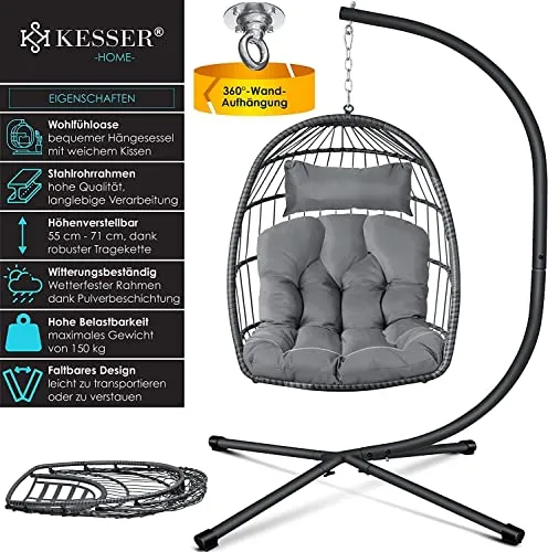 KESSER® Fauteuil Suspendu Effet Jungle avec Structure en Acier | Panier Suspendu avec Grand Coussin + Fixation pour Plafond | Balançoire Suspendue | pour intérieur et extérieur