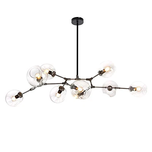 CCSUN 180cm Boule En Verre Ramification Lustre,E27 Spoutnik Lustre Hauteur Réglable,Créatif 8 Lumières Moderne Globe Suspension Luminaire,Verre Soufflé Métal Luminaire Transparent Noir 8-lumières