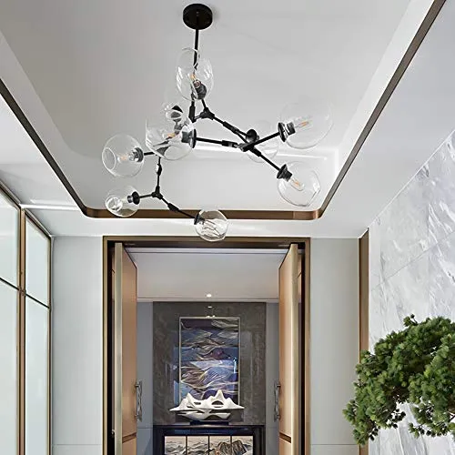 CCSUN 180cm Boule En Verre Ramification Lustre,E27 Spoutnik Lustre Hauteur Réglable,Créatif 8 Lumières Moderne Globe Suspension Luminaire,Verre Soufflé Métal Luminaire Transparent Noir 8-lumières