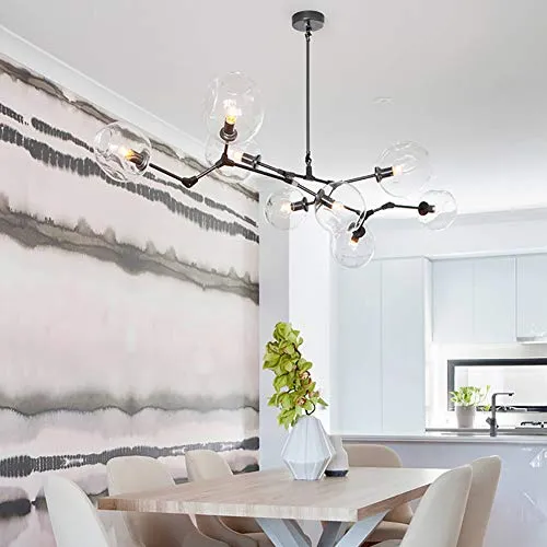 CCSUN 180cm Boule En Verre Ramification Lustre,E27 Spoutnik Lustre Hauteur Réglable,Créatif 8 Lumières Moderne Globe Suspension Luminaire,Verre Soufflé Métal Luminaire Transparent Noir 8-lumières