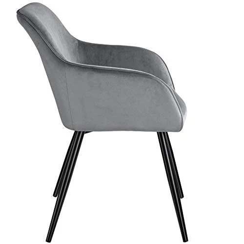 TecTake 800866 Lot de 4 Chaises de Salle à Manger Effet Velours Scandinave Pieds en Acier Noirs Élégant avec Accoudoirs – Diverses Couleurs (Gris)