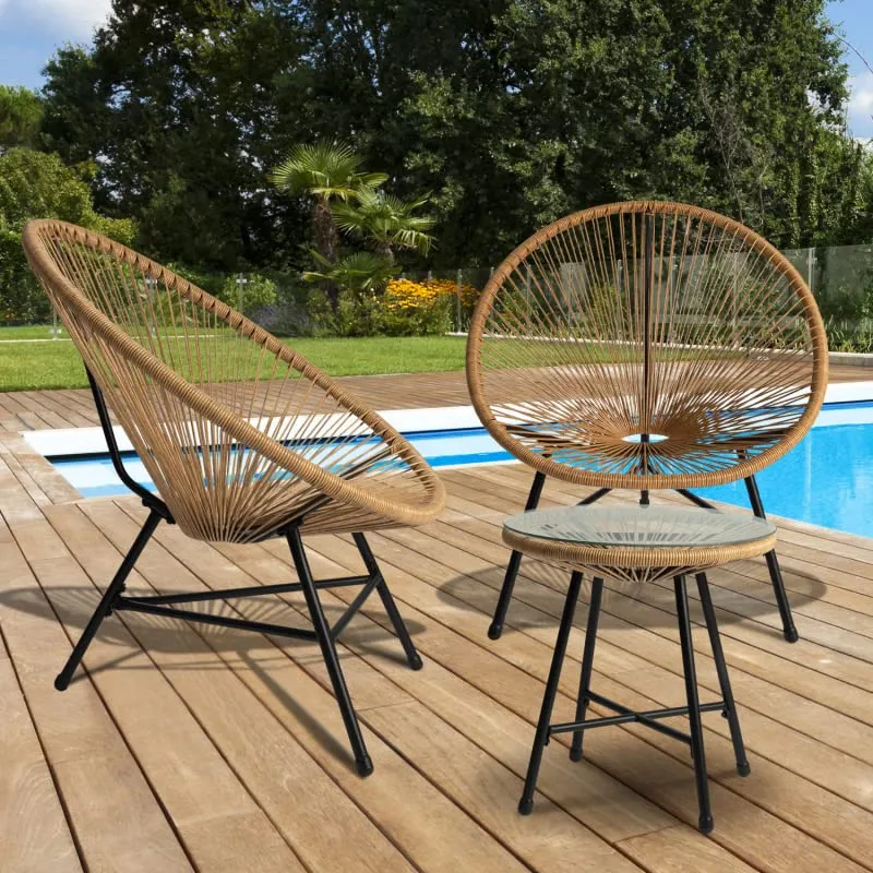 IDMarket - Salon de Jardin Izmir Table et 2 fauteuils Oeuf Cordage Effet rotin