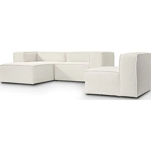 HOMIFAB Canapé d'angle modulable 5 Places en Tissu bouclé écru - Roma - Fabriqué en France